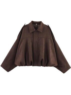 Faux Suede Bomber Jacket Oversized Cropped Batwing Streetwear Pilot Coat